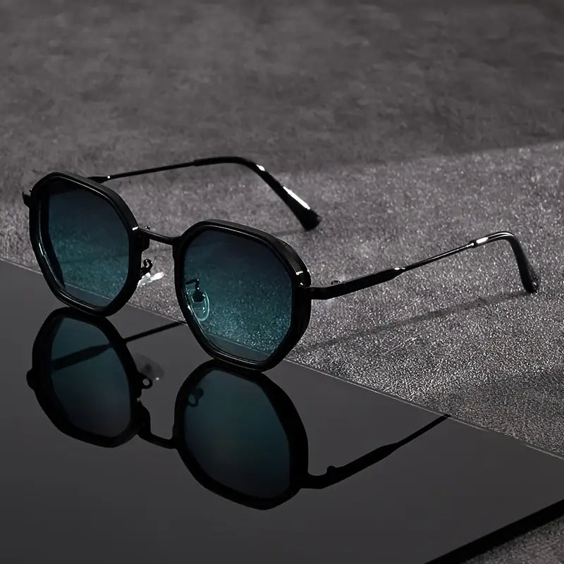 Solorfit | Unisex Polygonal Fashion Glasses – Black Frame with Teal-Tinted Lenses, Lightweight and Durable Eyewear